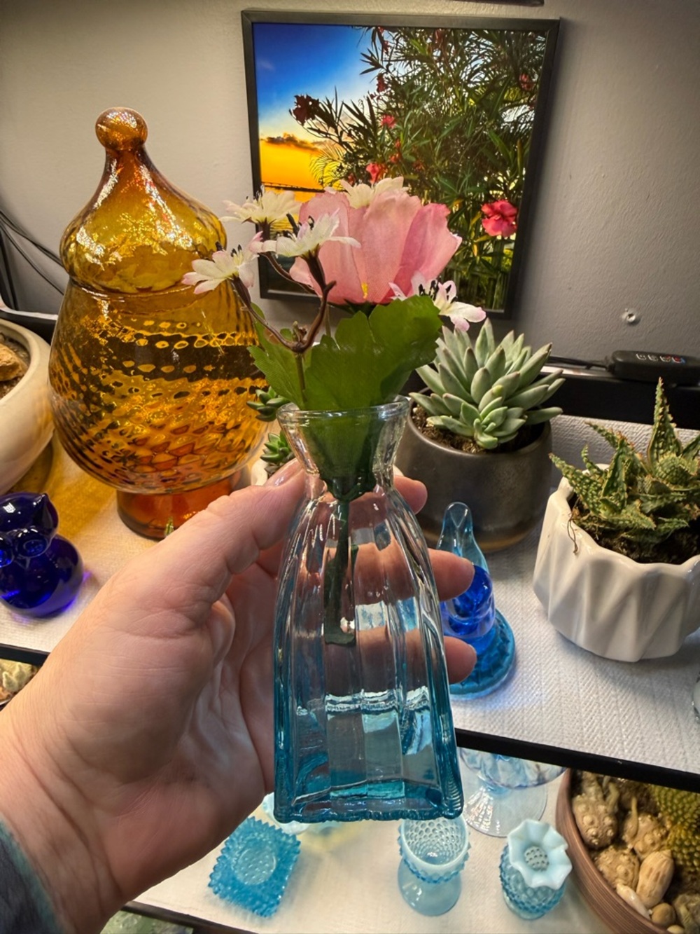 Hand-Blown Blue Glass Bud Vase - Decorative Home Accent